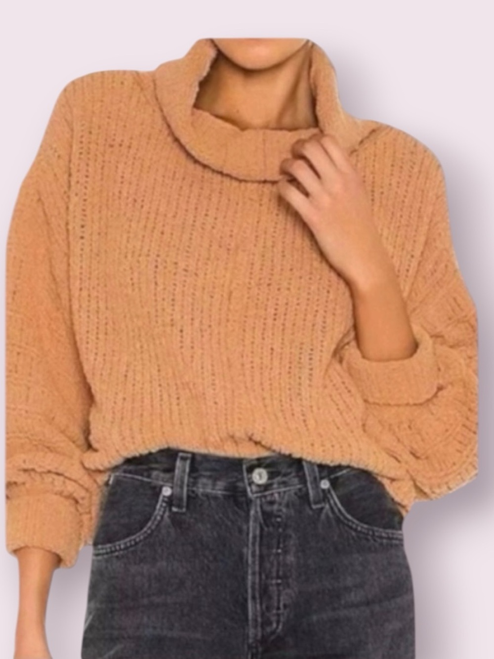 Free People Be Yours Cowl Neck Chenille Chunky Knit Sweater Camel Brown Small